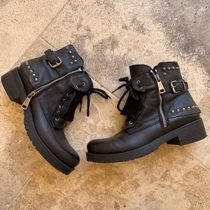 Ermanno Scervino Black Leather Studded Zip Biker Ankle Boot 38/8